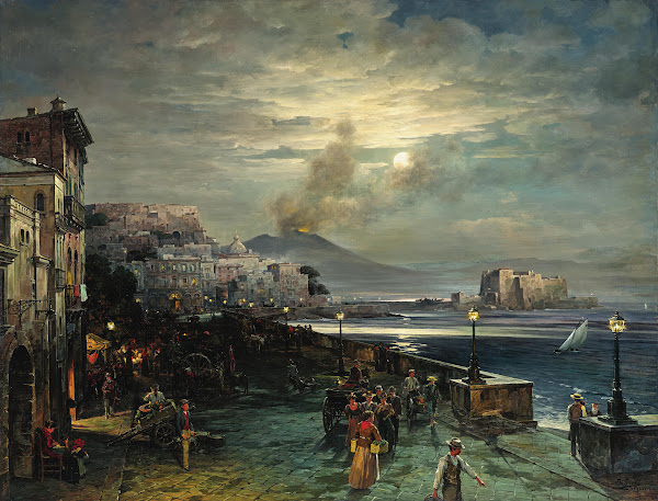 Naples a Pier at Night with a View of Vesuvius 1901