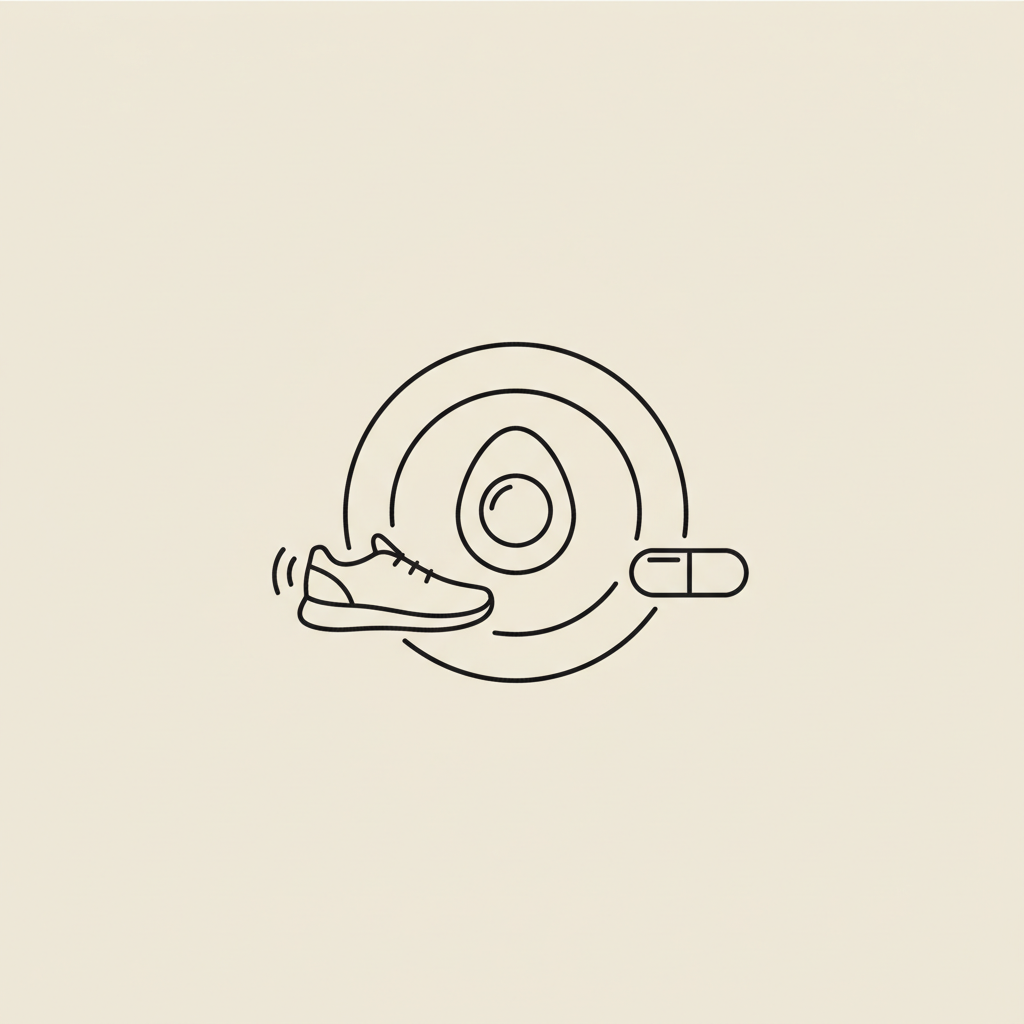 Minimal Tonum-style line illustration of a plate with an egg, a capsule, and a walking shoe on beige background to activate fat burning metabolism