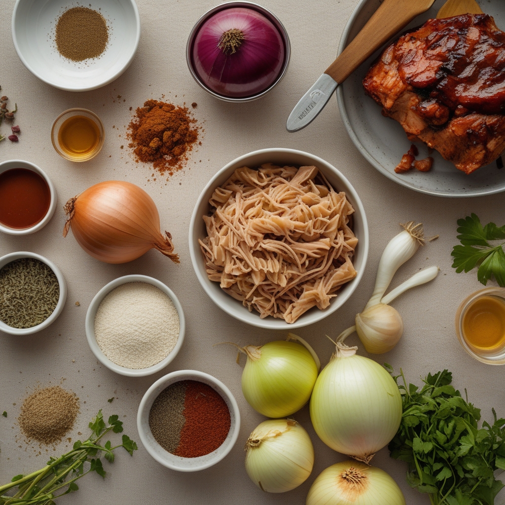 Ingredients for BBQ Pulled Pork Pasta Onion - Easy Homemade Comfort Food Recipe