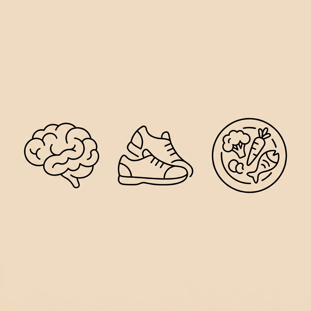 Minimalist vector line illustration of a brain a pair of walking shoes and a plate of healthy food on a beige background representing mild cognitive impairment lifestyle and diet support