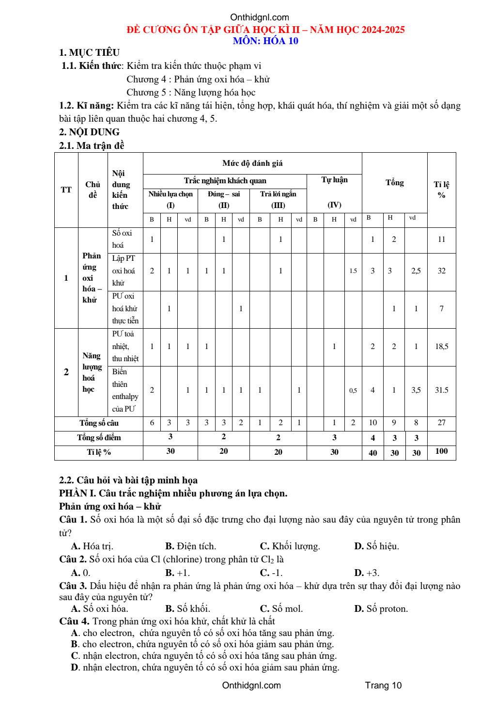 Đề Cương Ôn Tập Giữa Kỳ 2 Hóa 10 Kết Nối Tri Thức 2024 2025 pdf