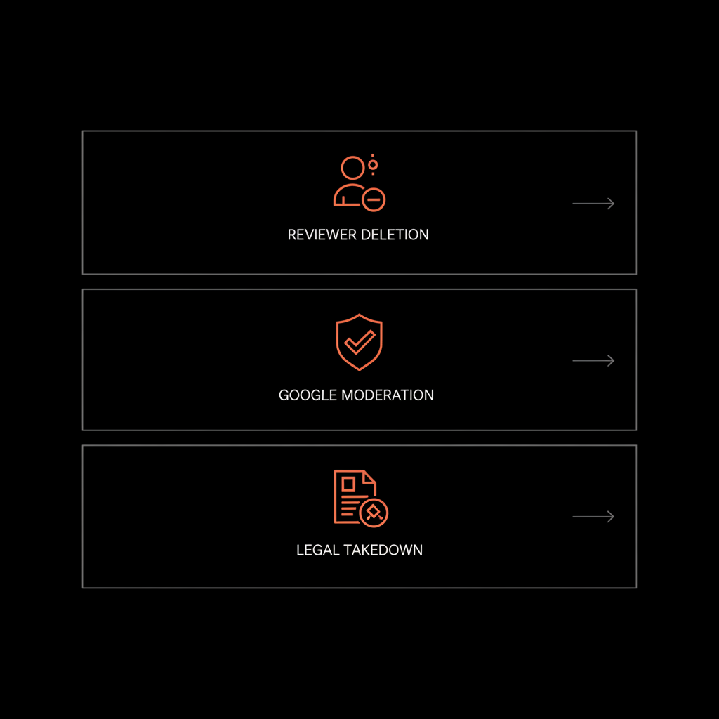 Flat vector infographic on black background showing three removal routes: reviewer deletion, Google moderation, legal takedown to remove google review