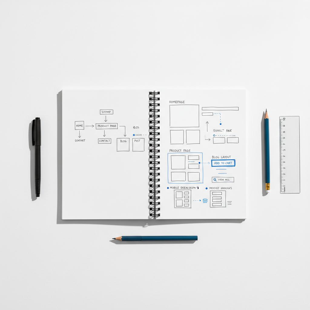 Open notebook flatlay with hand-drawn homepage, product and blog wireframes on white paper, minimalist #1a5bfb accents &mdash; what is the best website maker for small business?