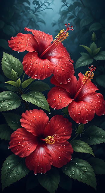 Deep Red Hibiscus Flowers with Raindrops on Dark Foliage - Free mobile Wallpaper