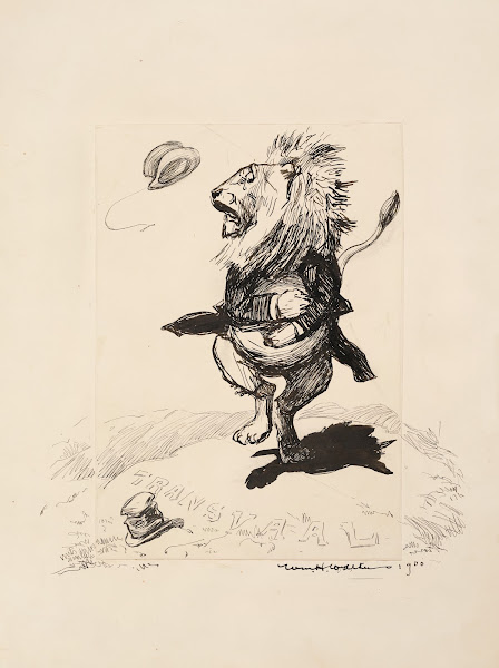 A lion in a suit Great Britain stands on a hill labeled Transvaal and looks worr