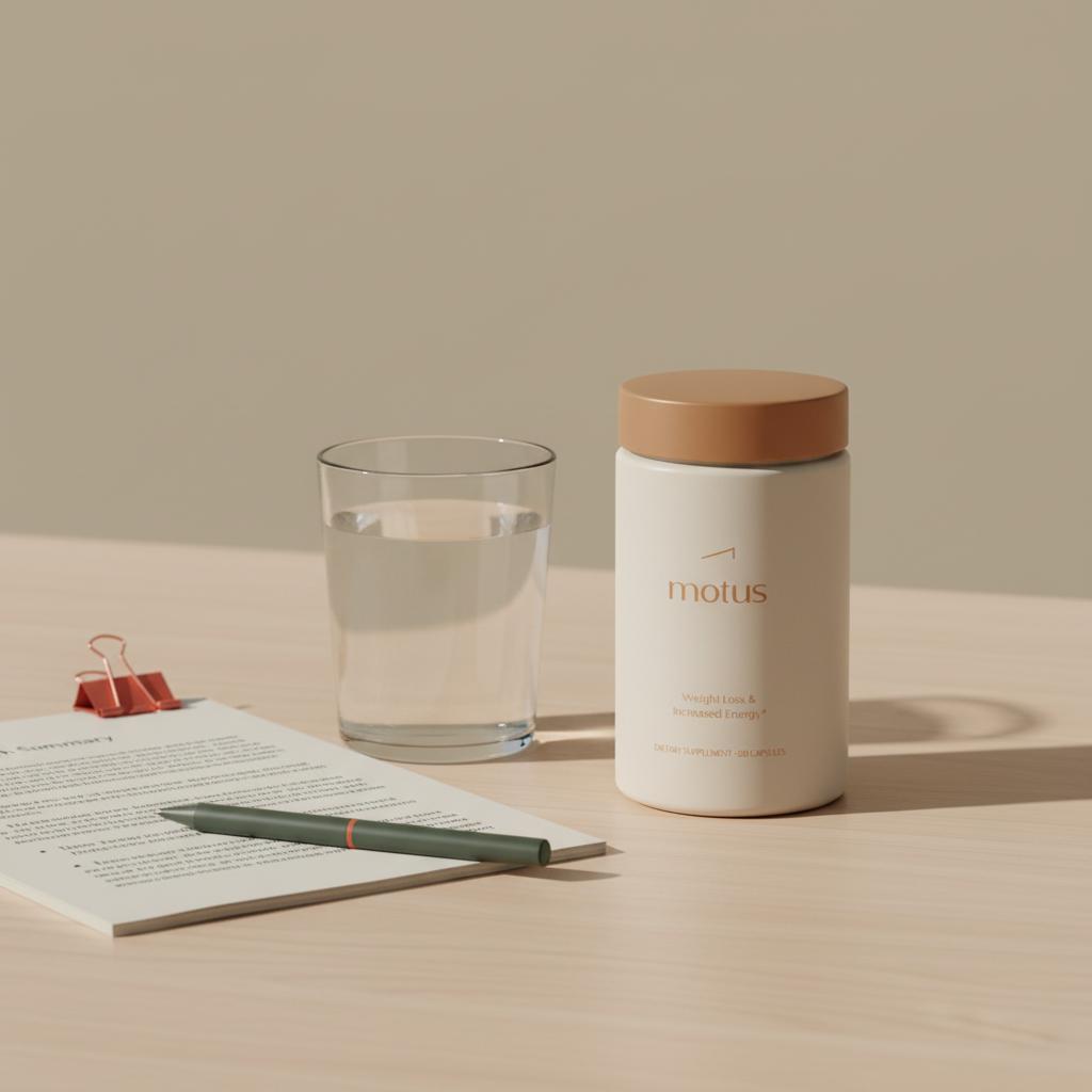 does golo release work to lose weight - Tonum Motus bottle on light wooden table with folded research summary and glass of water, minimalist beige background