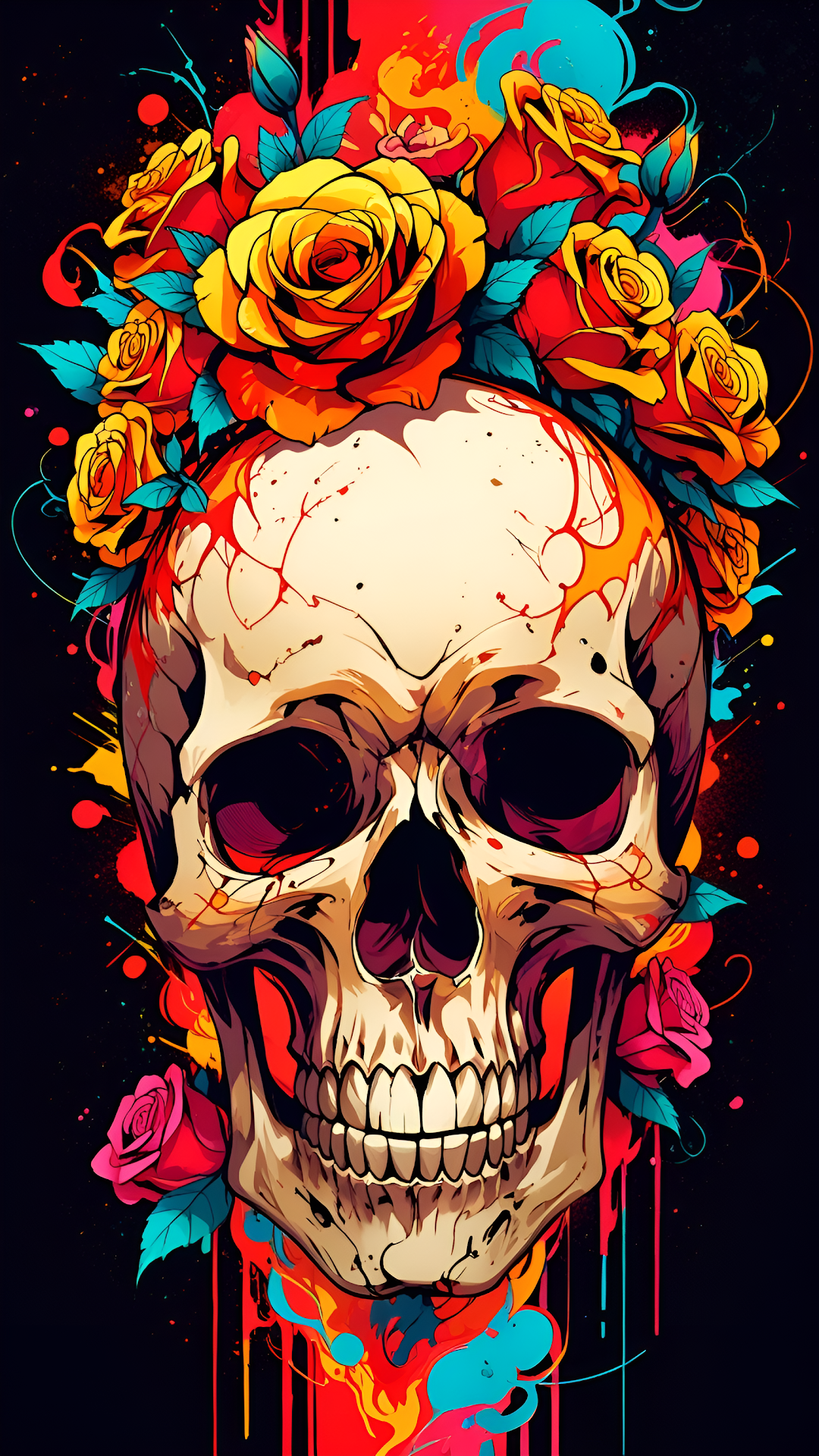 Vibrant Pop Art Skull with Yellow and Red Roses - Free 4K mobile Wallpaper