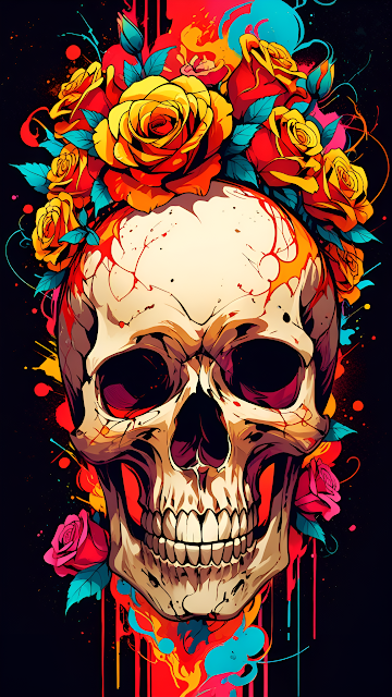 Vibrant Pop Art Skull with Yellow and Red Roses - Free mobile Wallpaper
