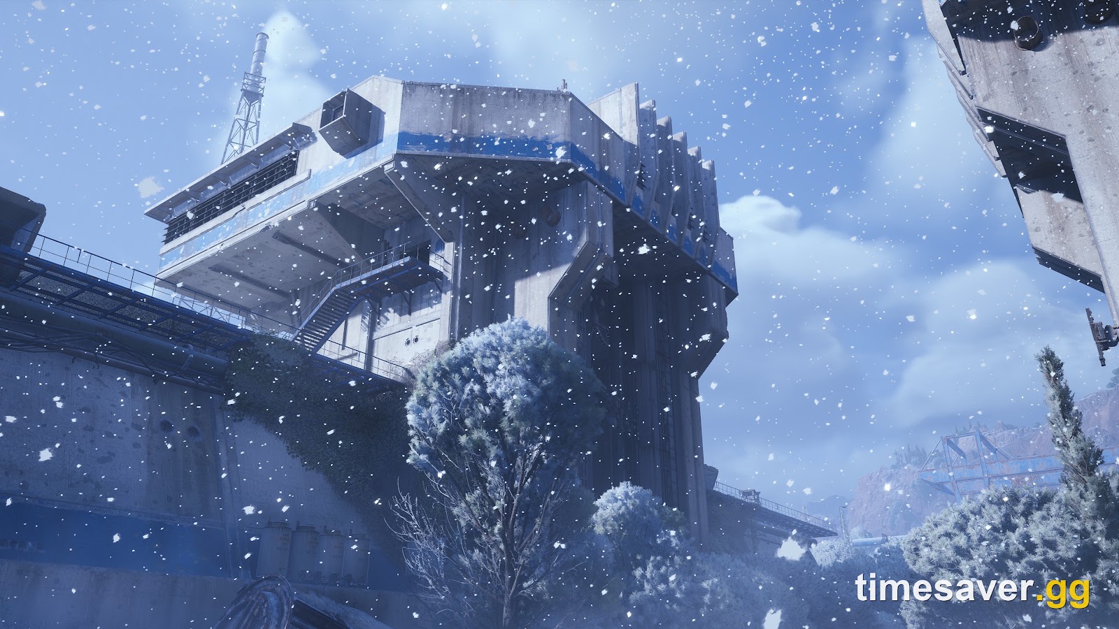 Heavy snowfall over an industrial structure during the ARC Raiders Cold Snap map condition