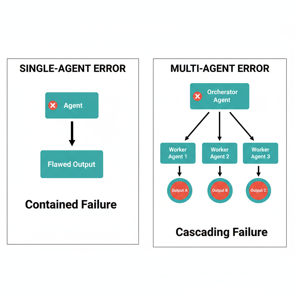 Comparison: single-agent error produces a contained failure; multi-agent orchestrator error cascades to all downstream agents