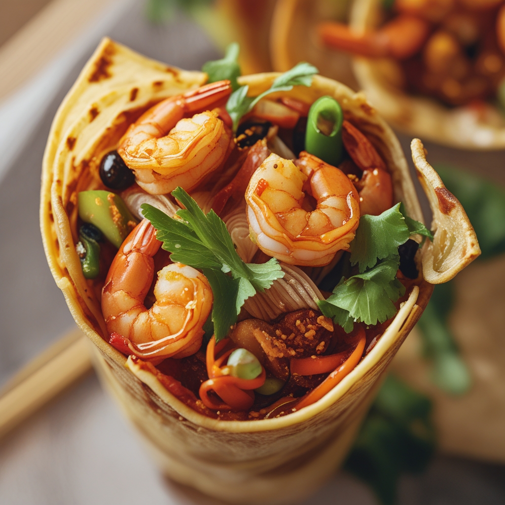 Final Spicy Tamarind Ginger Shrimp Power Wraps with Crispy Rice Noodles
