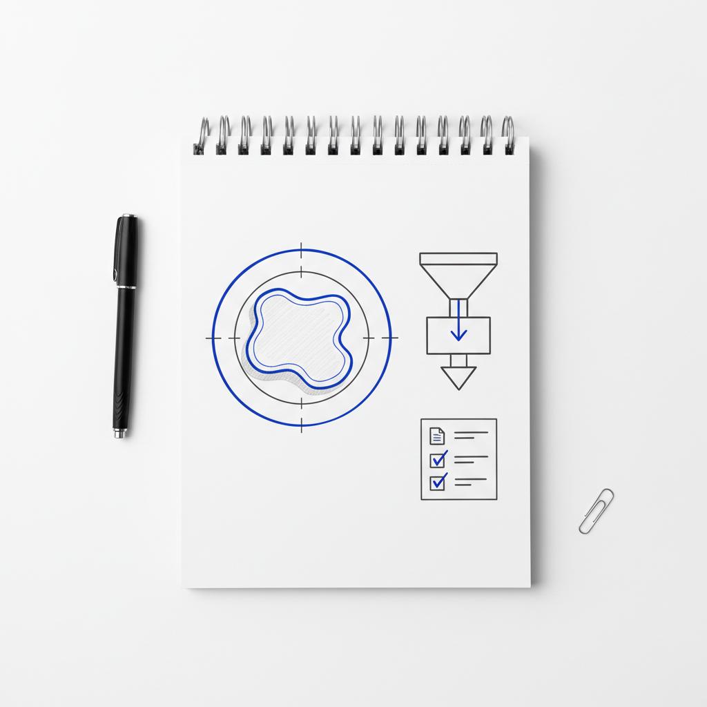 Overhead spiral notebook with sketches of a city map with service radius rings, a three-tier funnel, and a document checklist illustrating google local services ads cost.