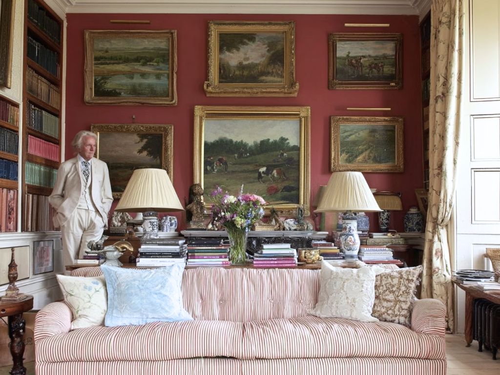 Layered classical wall art in a richly collected living room