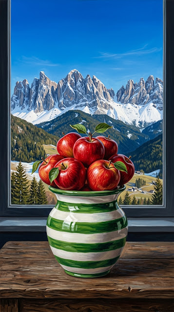 Modern Still Life with Red Apples and Snowy Mountain Background - Free mobile Wallpaper