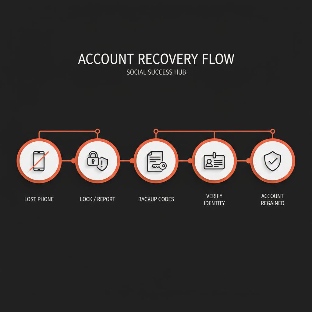Full-frame vector infographic showing step-by-step recovery flow from lost phone to regained account with two-factor authentication, minimal icons and Social Success Hub brand colors.
