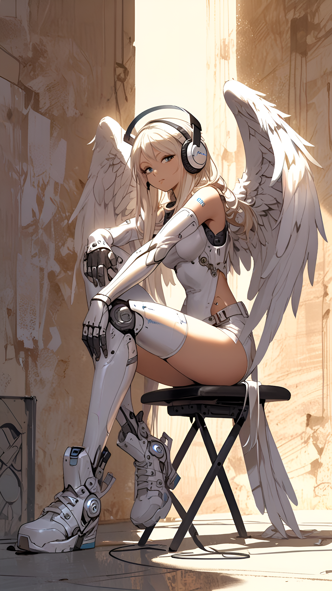 Cybernetic Angel Girl Resting with Headphones and Wings - Free 4K mobile Wallpaper