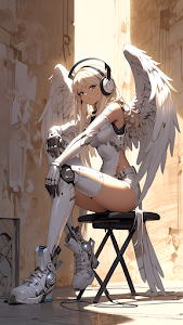 Cybernetic Angel Girl Resting with Headphones and Wings
