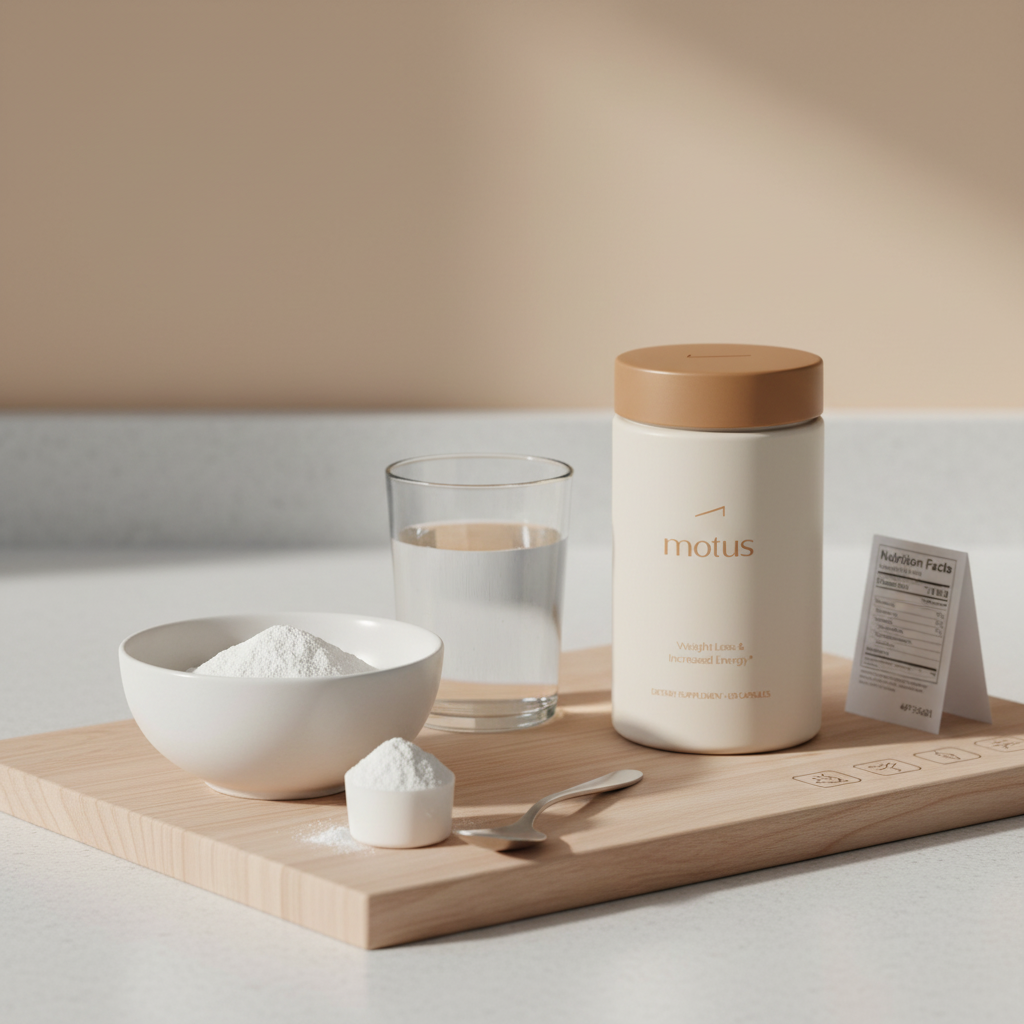 Motus jar with a ceramic bowl of protein powder and a glass of water on a light wooden board in a minimalist kitchen scene — best protein powder for weight loss