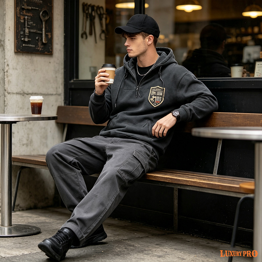 2D three-zippered hooded sweatshirt