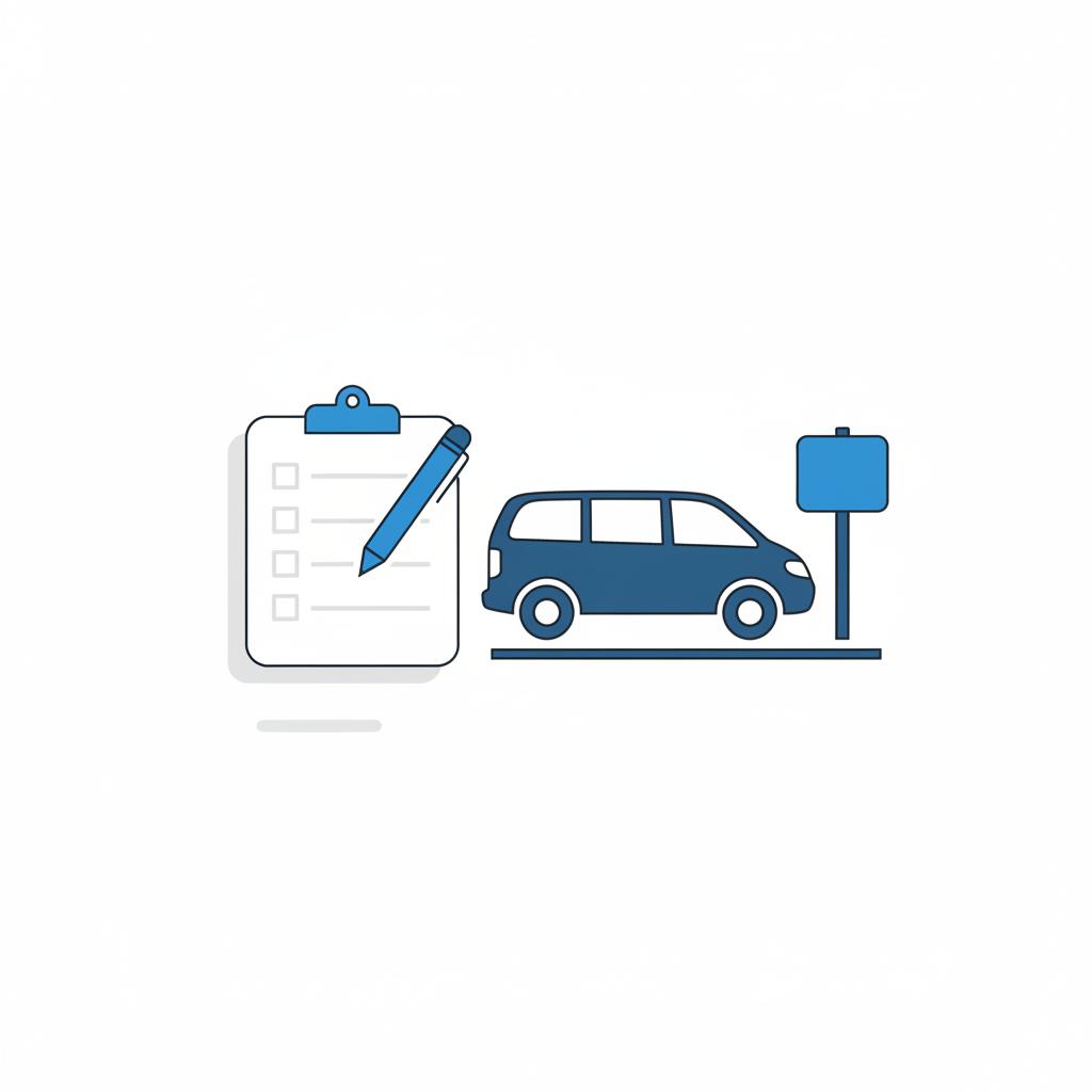 Minimal 2D vector of a checklist and pen in front of a stylized minivan at a dealership lot emphasizing mini vans for sale in CarFax Deals colors