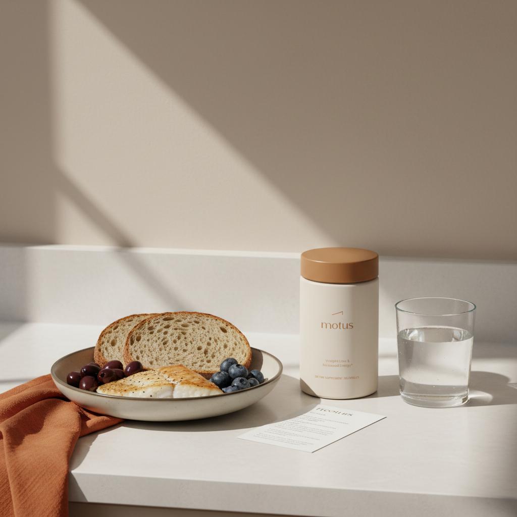 Tonum Motus on a minimalist kitchen counter beside whole foods (olives, fish, wholegrain bread, berries) and water, conveying hepatic lipid metabolism.