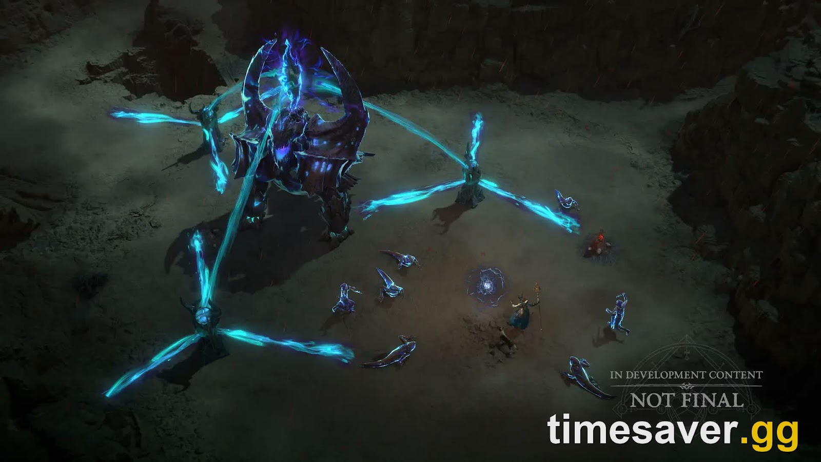 Diablo 4 Realmwalker Season 14 Empowering Spires invulnerability phase with glowing cyan pillar tethers
