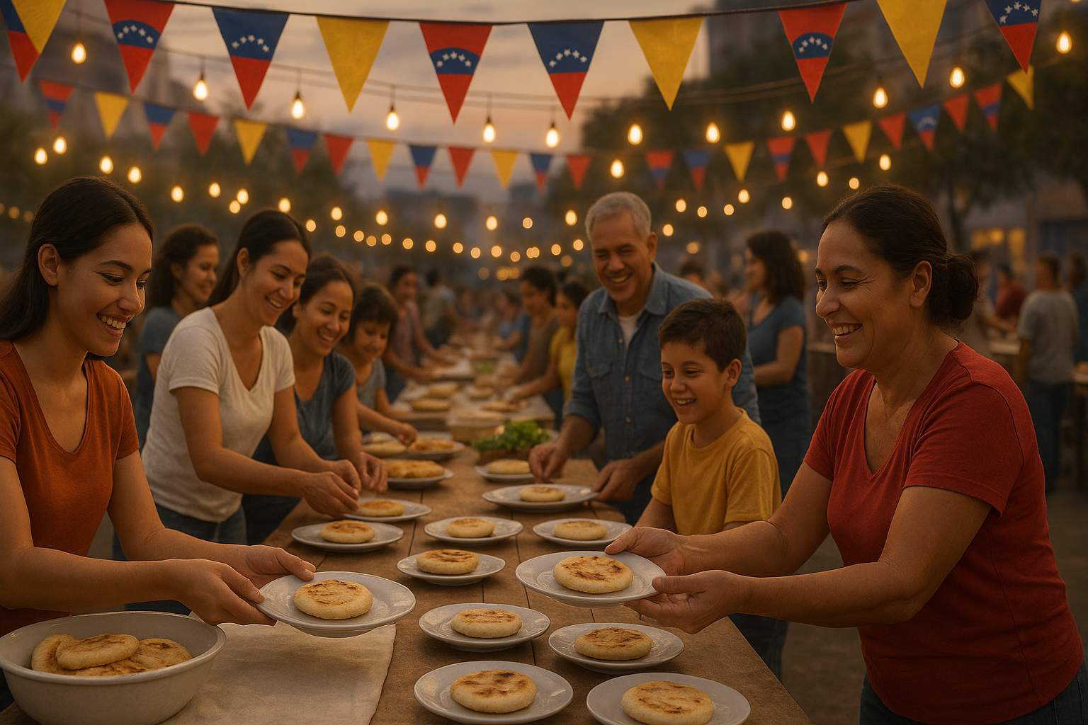 Familias venezolanas preparando arepas en una feria comunitaria al atardecer
