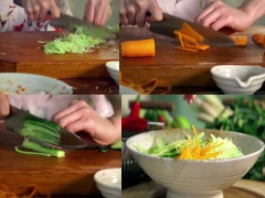 Trong thời gian đợi cá ngấm gia vị, bạn chuẩn bị bún ra bát. Cà rốt, dưa chuột rửa sạch, gọt vỏ, xà lách và các loại rau ăn kèm rửa sạch. Sau đó thái sợi nhỏ và bày lên trên bát bún. Các loại rau ăn kèm có thể tùy ý thay đổi theo sở thích của gia đình bạn.