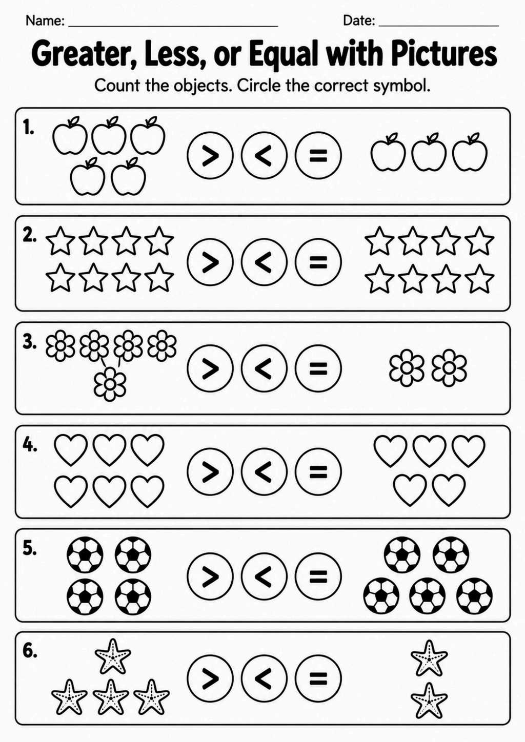Greater, Less, or Equal with Pictures Worksheet