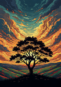 Stylized Sunset Landscape Tree