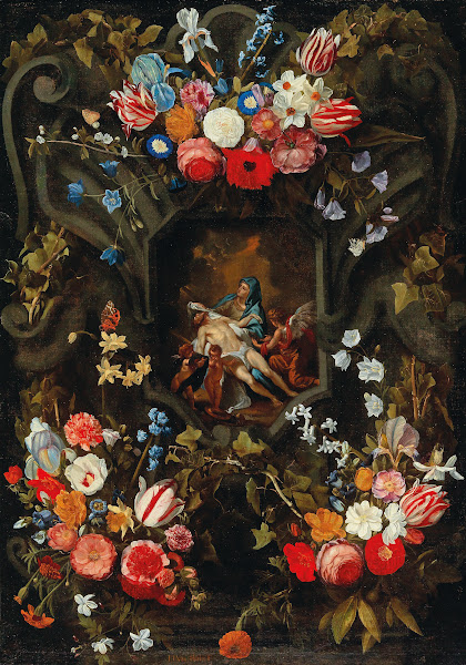 A garland of flowers surrounding a cartouche with a Pietà
