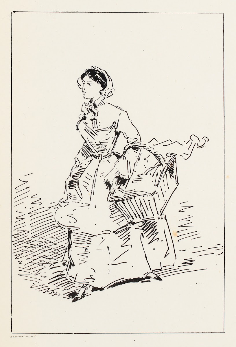Femme marchant sur la droite un panier dans les bras 1850