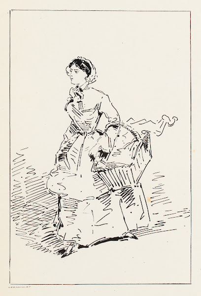 Femme marchant sur la droite un panier dans les bras 1850