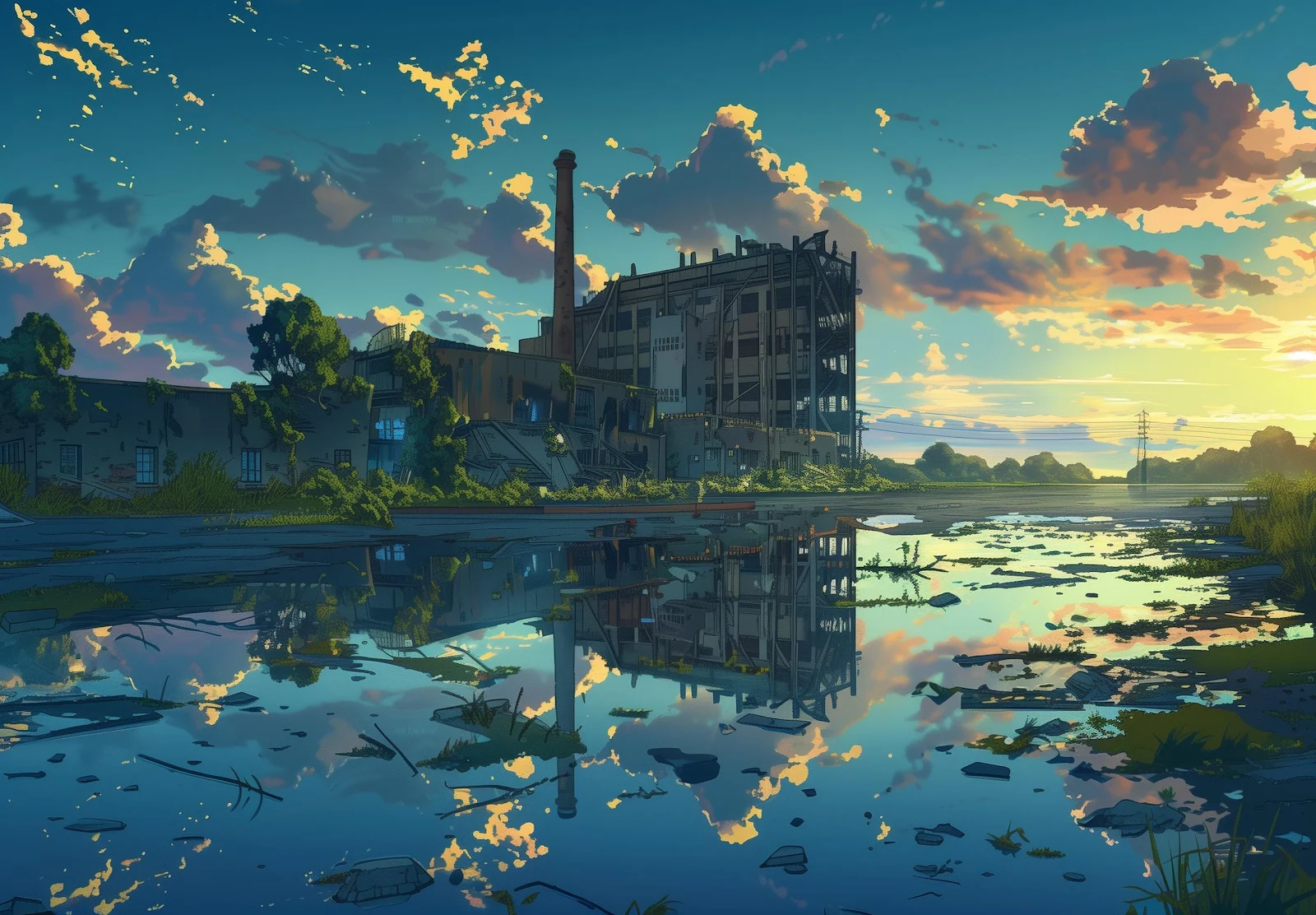 Anime Landscape, Industrial Ruins, Reflection Art, Dreamlike Scene 2K Wallpaper Background (2624x1824)