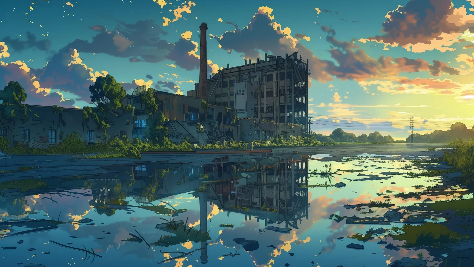 Anime Landscape, Industrial Ruins, Reflection Art, Dreamlike Scene 2K Desktop Wallpaper