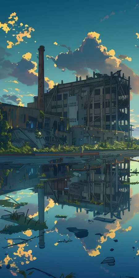 Anime Landscape, Industrial Ruins, Reflection Art, Dreamlike Scene 2K Phone Wallpaper