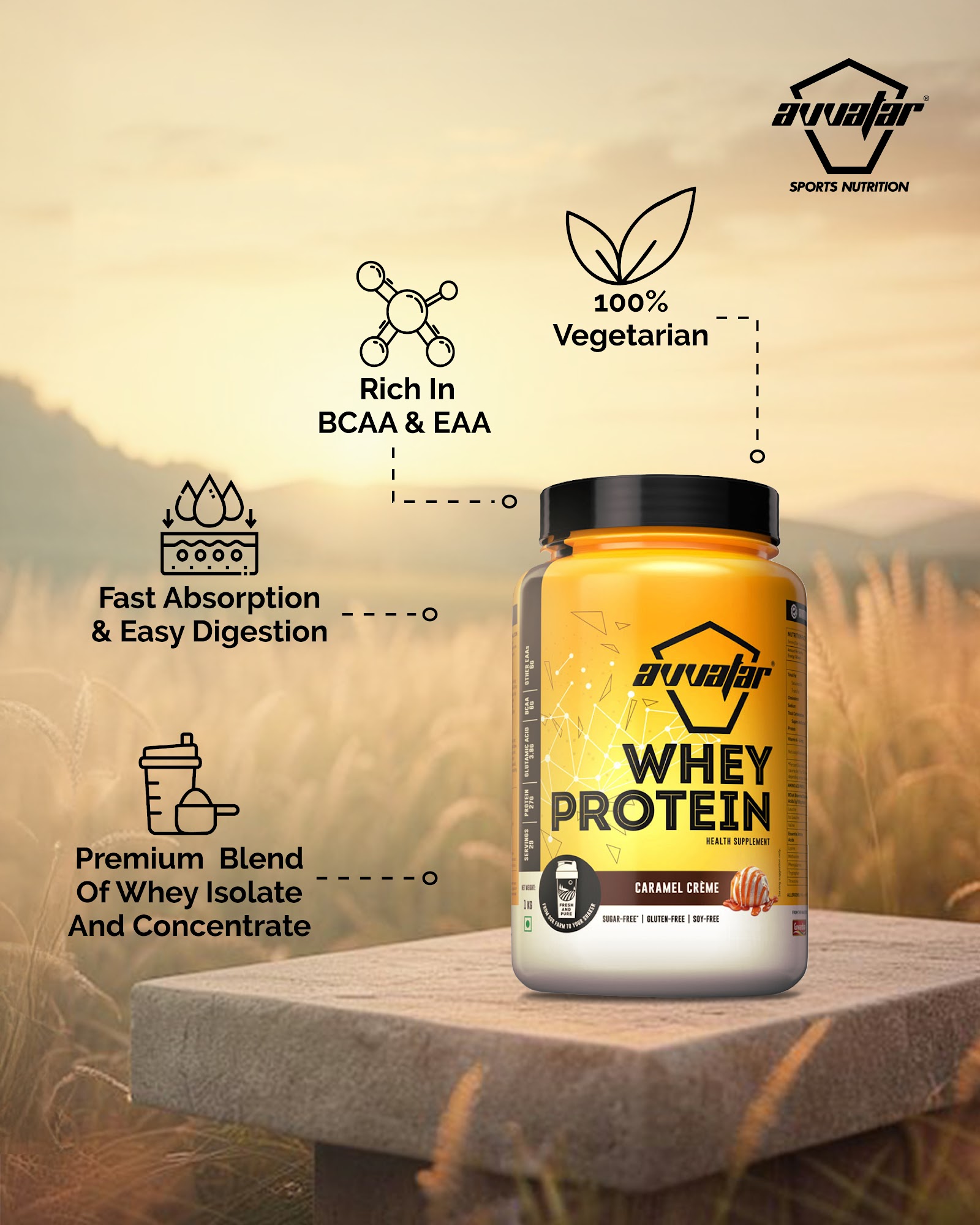 Avvatar Whey Protein Caramel Crème Flavour, 1 Kg