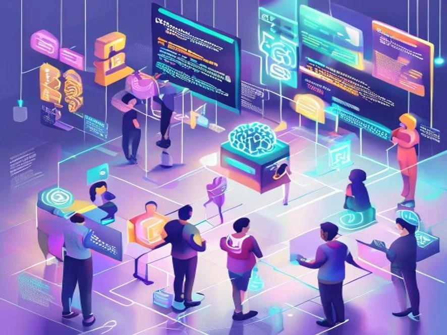 초보 개발자들이 HTML5 코드, 노코드 플랫폼의 드래그앤드롭 인터페이스, AI 도구를 상징하는 아이콘들과 상호작용하며 배우는 모습을 담은 디지털 일러스트. 현대적이고 미래 지향적인 기술 학습 환경을 표현.