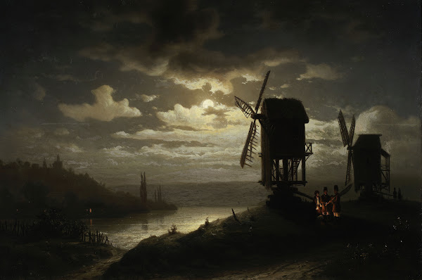 Nocturnal landscape with windmills 1864