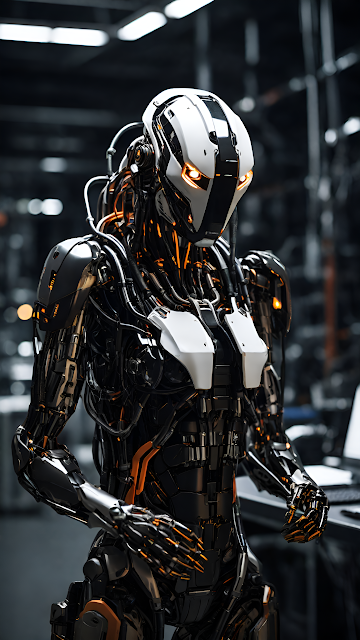 Advanced Android Robot Industrial Setting Dark SciFi Art - Free mobile Wallpaper