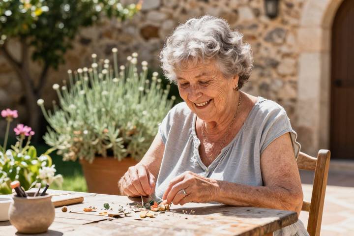 庭で趣味の時間を楽しむサルデーニャの高齢女性
