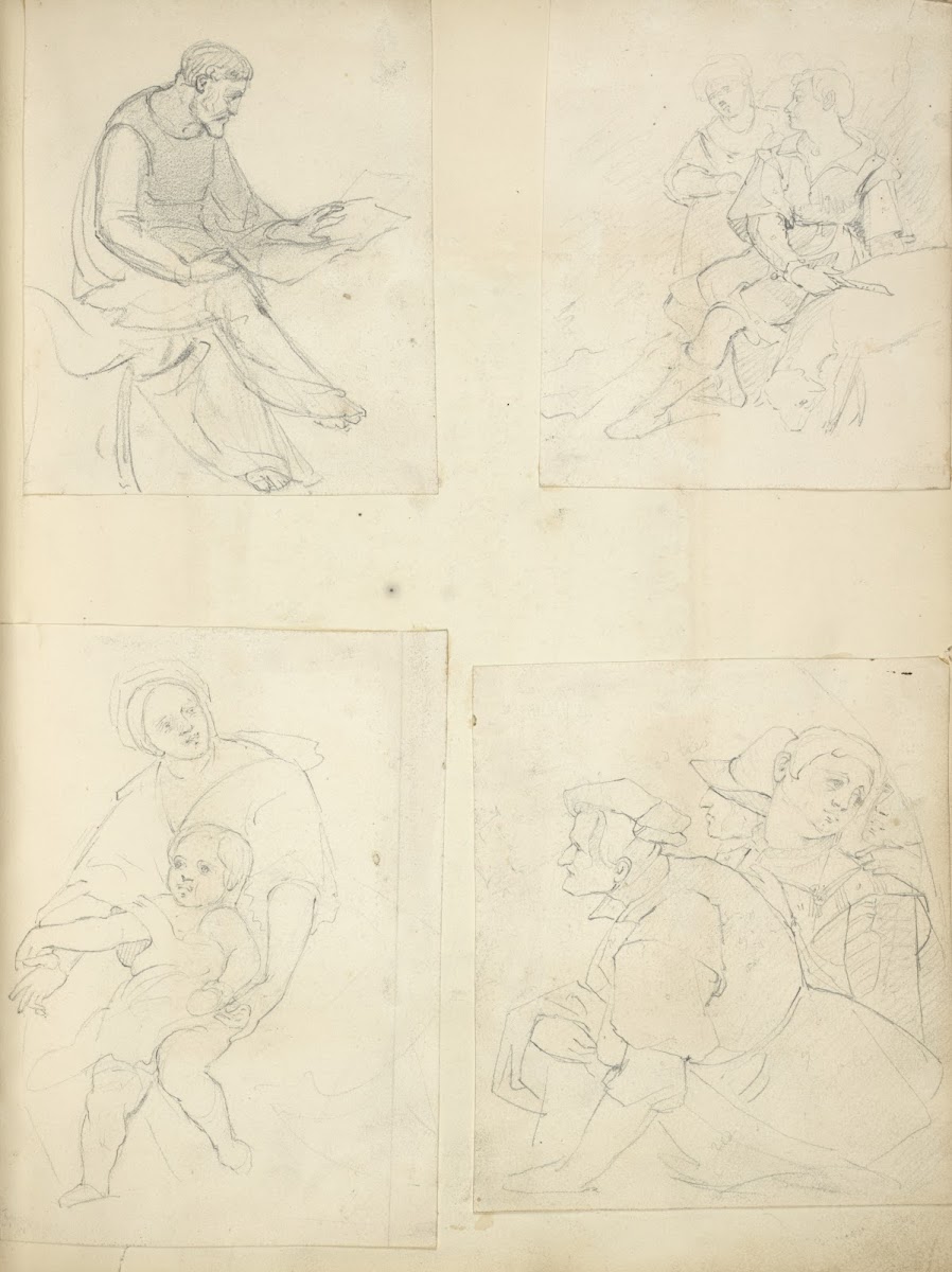 A seated man Two figures and a sheep Mother and child Three figures half length