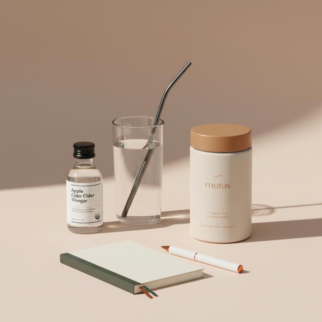 Minimalist tabletop scene showing Tonum Motus supplement beside a tall glass of water, a small bottle of apple cider vinegar, and a notebook with pen — does apple cider vinegar lower your A1C