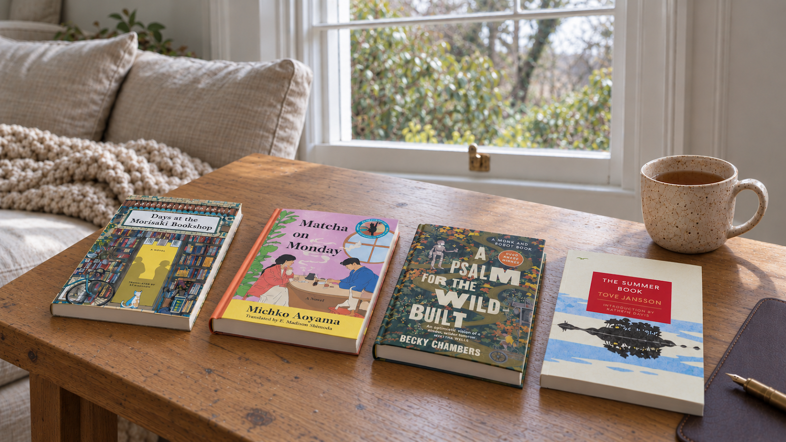 How to choose a book: AI-created illustration of four books and a speckled mug on an oak table.