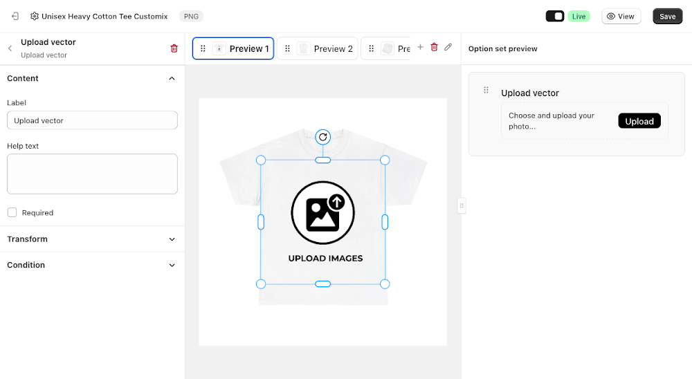 Content panel with Label, Help text, and Required fields, and the canvas showing the default Upload Images placeholder icon