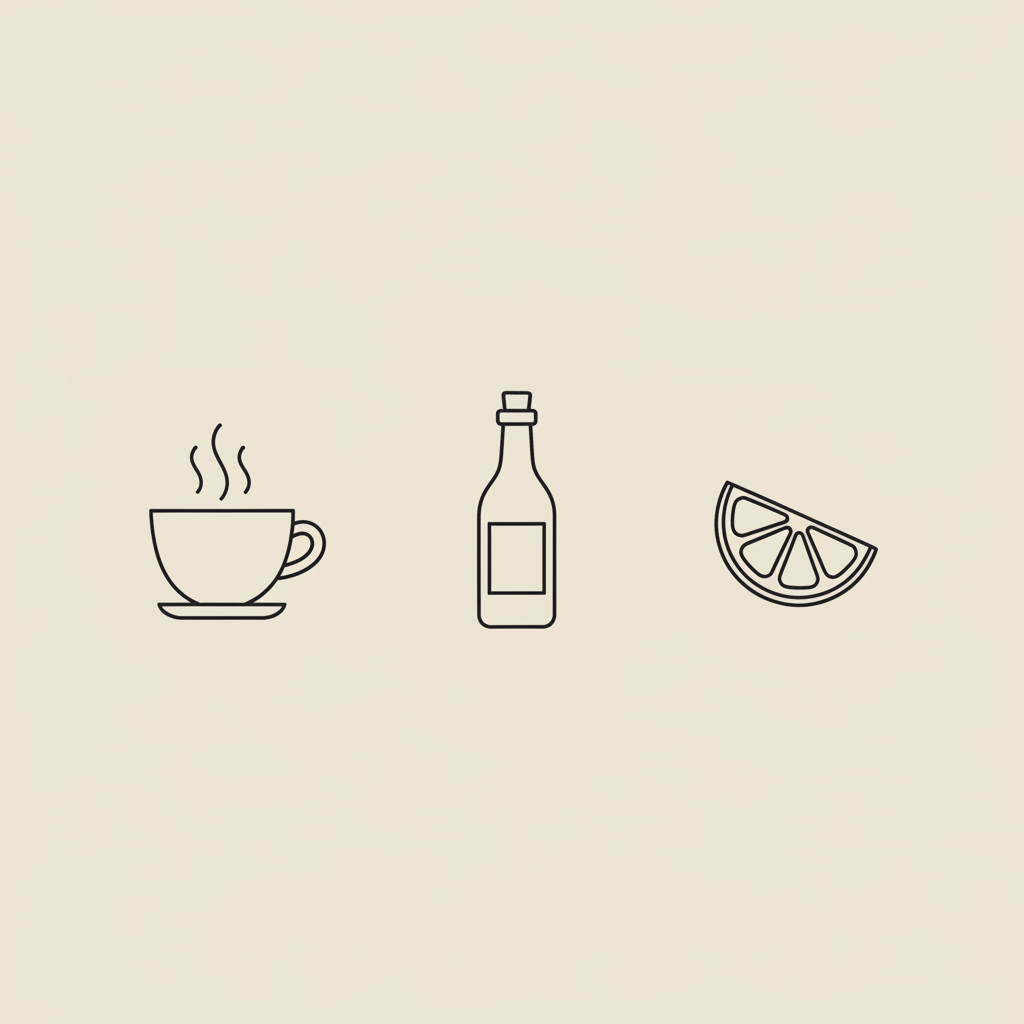 Minimal line art of a teacup, small vinegar bottle, and lemon wedge on a beige background, representing a 3 ingredient weight loss drink.