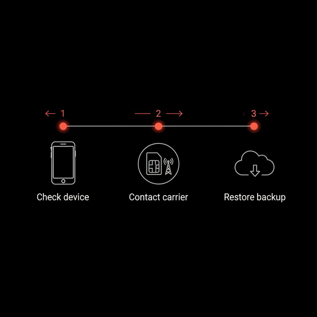 Minimal linear three-step infographic to recover WhatsApp Business without old number: check logged-in device; contact carrier; restore backup. Black background with neutral and accent brand colors.