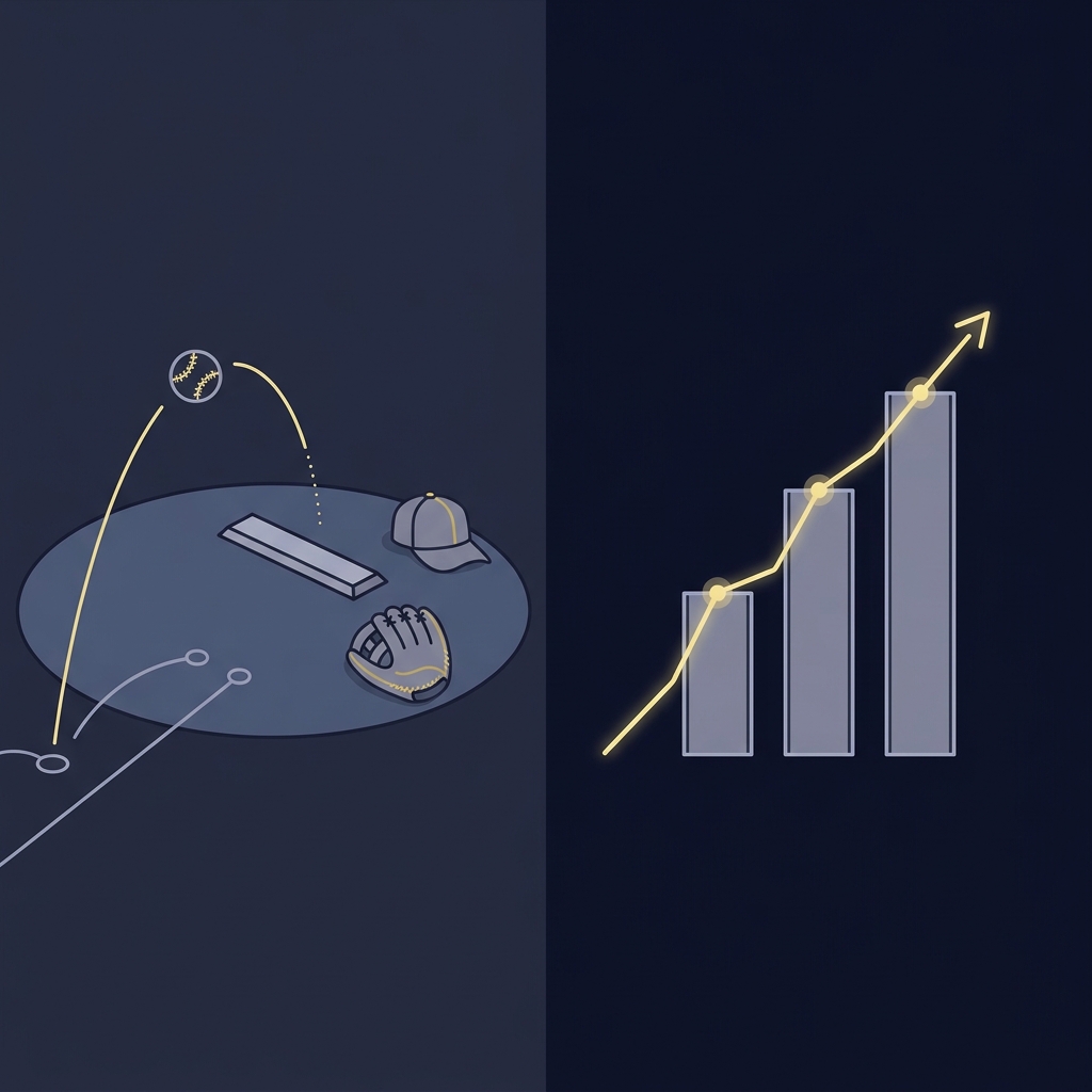 donbest mlb 2D vector split image showing a baseball mound with glove and ball on the left and a clean ROI analytics chart with ascending bars and gold accent on the right in Funded Plays colors
