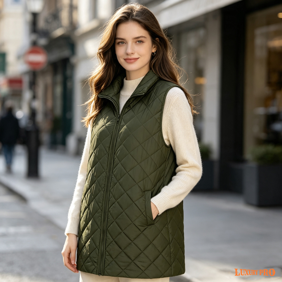 2D Women's Long Rhombus Quilted Down Vest