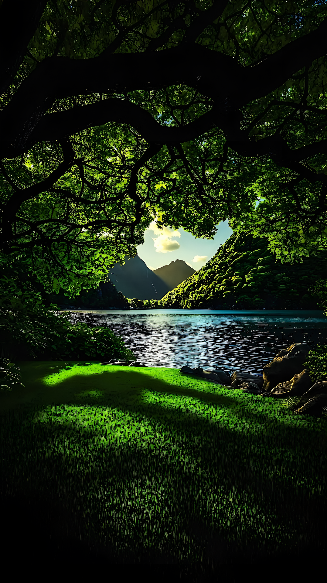 Lush Forest Archway Over Mountain Lake Landscape - Free 4K mobile Wallpaper